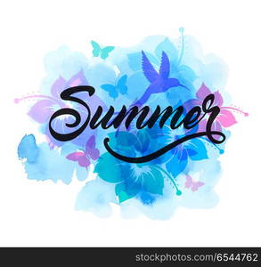 Blue abstract summer tropical background with flowers, humming bird and watercolor texture. Vector illustration. Blue abstract summer tropical background