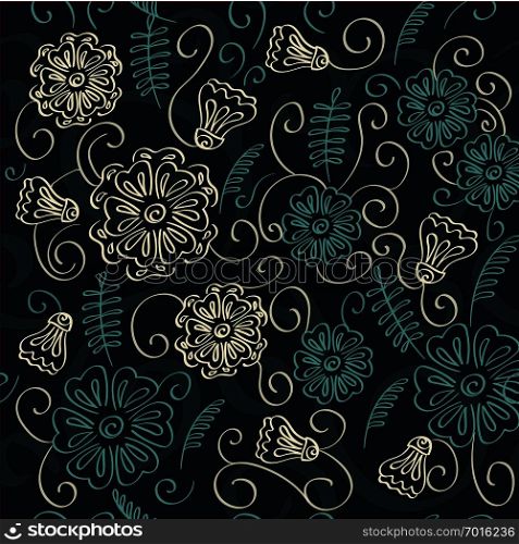 Blue and Beige Floral Outlines. Seamlessly Repeating Pattern of hand-drawn Flowers for wrapping paper and Fabric.
