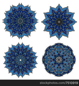 Blue and cyan circular patterns of star shaped flowers with dainty floral openwork ornament. Great for fabric, interior accessories or lace embellishment design