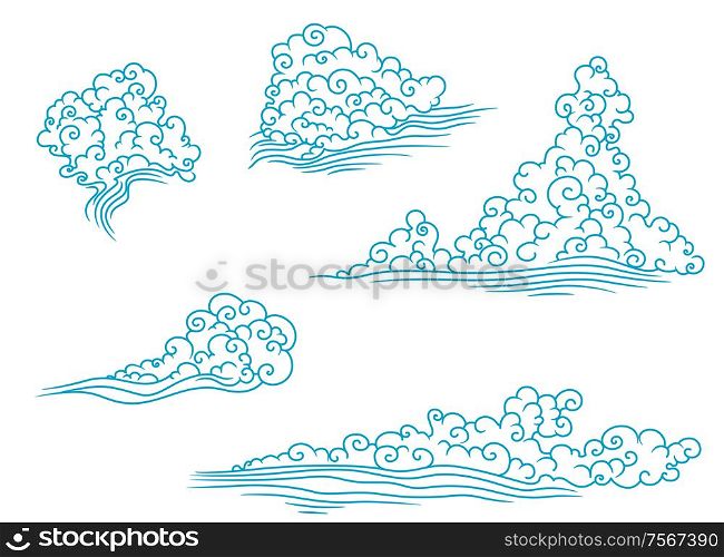 Blue and fluffy clouds set in white sky suitable for children&rsquo;s decoration, tiles, textile and weather design. Pattern with fluffy clouds