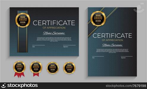 Blue and gold Certificate of achievement template set with gold badge and border. Award diploma design blank. Vector Illustration. Blue and gold Certificate of achievement template set with gold badge and border. Award diploma design blank. Vector Illustration EPS10