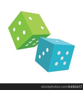 Blue and Green Dices Isolated on White Background. Dices isolated on a white background. Blue and green falling dices. Make wagers on the outcome of roll of a pair of dice. Gambling luck, fortune and bet, risk and leisure, jackpot chance. Vector