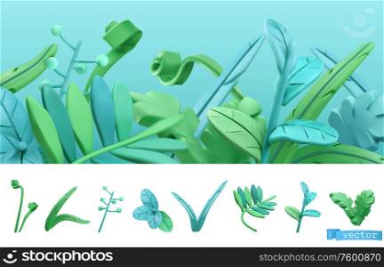 Blue and green spring grass. Cartoon. 3d vector icon set