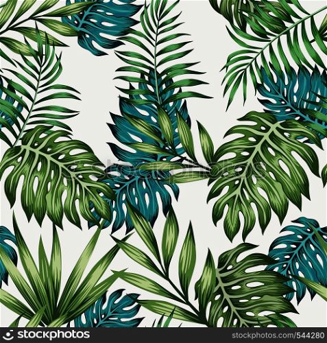 Blue and green tropical leaves seamless white background