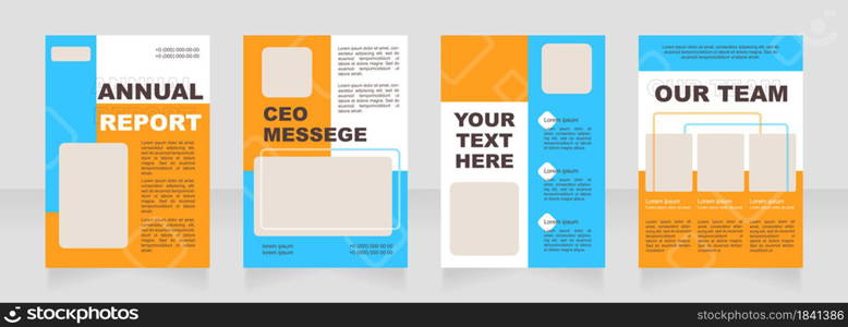 Blue and orange blank brochure layout design. Financial info. Vertical poster template set with empty copy space for text. Premade corporate reports collection. Editable flyer paper pages. Blue and orange blank brochure layout design