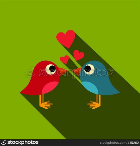 Blue and pink birds with hearts icon. Flat illustration of blue and pink birds with hearts vector icon for web on lime background. Blue and pink birds with hearts icon, flat style