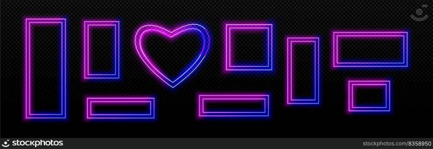 Blue and pink neon light frames, empty banners in rectangle and heart shapes. Glowing borders for night club or casino electric signboards isolated on transparent background, vector realistic set. Blue and pink neon light frames