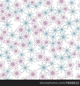 Blue and pink snowflakes scattered randomly on a white background. Design for decor, prints, textile, furniture, cloth, digital. Vector seamless pattern EPS 10