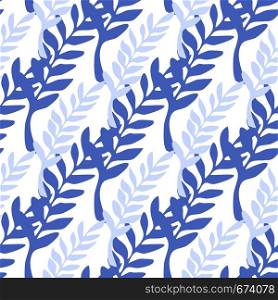 Blue and purple branches seamless pattern. Leaf branch backdrop. Vector illustration on white background for textile or book covers, wallpapers, design, graphic art, wrapping. Blue and purple branches seamless pattern vector