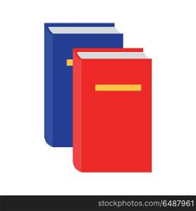 Blue and Red Book Icon in Flat. Blue and red book icon in flat. Notebook icon. Diary icon. Book sign. Book symbol. Closed blue and red book. Design element, icon in flat. Isolated object on white background. Vector illustration.