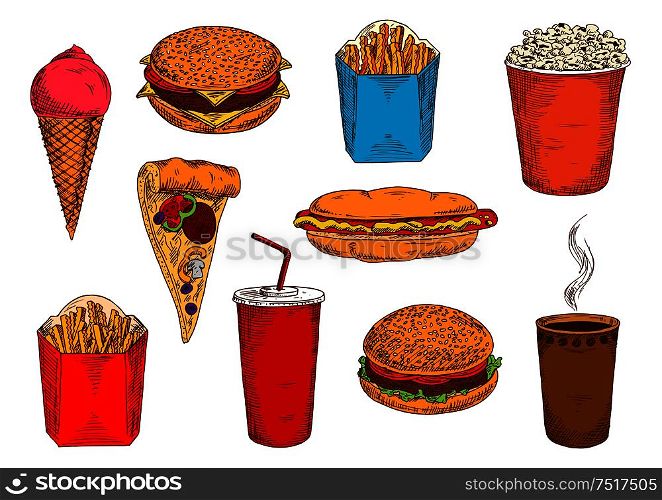 Blue and red boxes of take away french fries sketch icons with hamburger, cheeseburger and hot dog sandwiches, pizza topped with salami and vegetables, cups of coffee and soda, strawberry ice cream cone and popcorn bucket. Fast food pizza, sandwiches, desserts and drinks