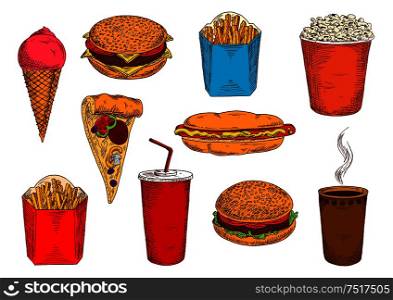 Blue and red boxes of take away french fries sketch icons with hamburger, cheeseburger and hot dog sandwiches, pizza topped with salami and vegetables, cups of coffee and soda, strawberry ice cream cone and popcorn bucket. Fast food pizza, sandwiches, desserts and drinks