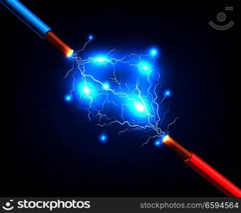 Blue and red electric cables with lightning discharge and sparks realistic composition on dark background vector illustration. Electric Cables Lightning Realistic Composition