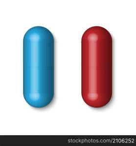 Blue and red medical pills, tablets, capsules isolated on white background, vector illustration