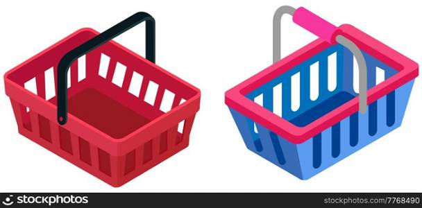 Blue and red plastic shopping basket. Container for buying goods in store. Packaging and carrying for purchases isolated on white background Basket with pink handle for transporting goods around store. Blue plastic shopping basket. Container for goods in store. Packaging and carrying for purchases