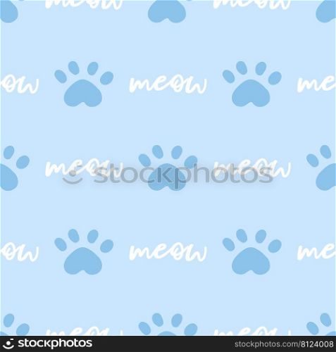Blue and white cat seamless pattern. Meow and cat paws background vector illustration. Cute cartoon pastel character for nursery boy baby print.