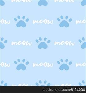 Blue and white cat seamless pattern. Meow and cat paws background vector illustration. Cute cartoon pastel character for nursery boy baby print.