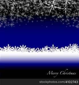 Blue and white christmas scene with snow flakes falling from the sky