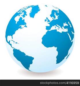 Blue and white earth globe with drop shadow and white background