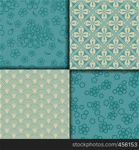 Blue and white sakura pattern set. Vector illustration. Blue and white sakura pattern set