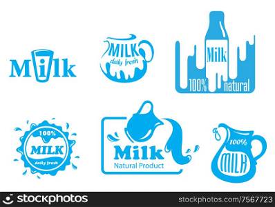 Blue and white vector Milk labels with various design in jugs, a glass and bottles with assorted text guaranteeing 100 percent natural and fresh