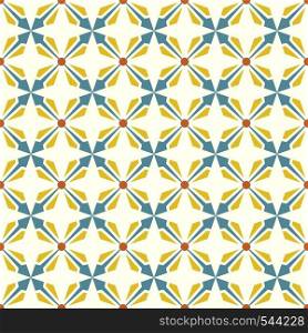 Blue and yellow abstract arrow and circle in rectangle shape seamless pattern. Modern pattern for graphic or abstract design.