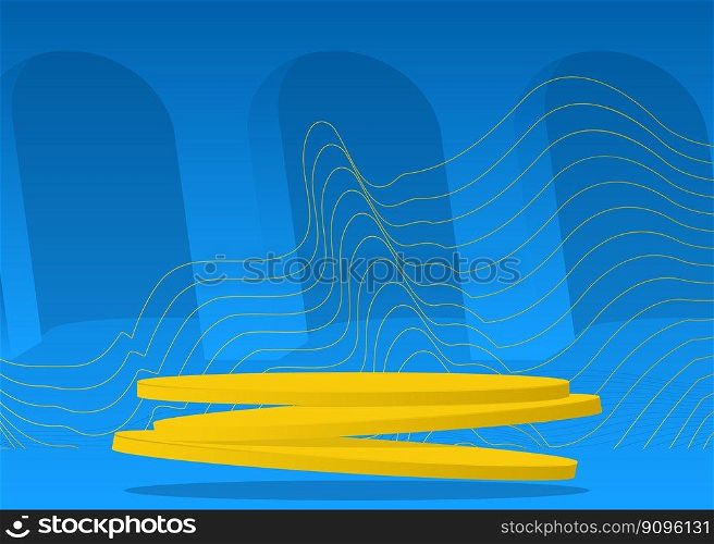 Blue and yellow fantastic minimal geometric product display mockup. Abstract stage, cylinder pedestal podium. 3D showcase room for presentation, empty scene.