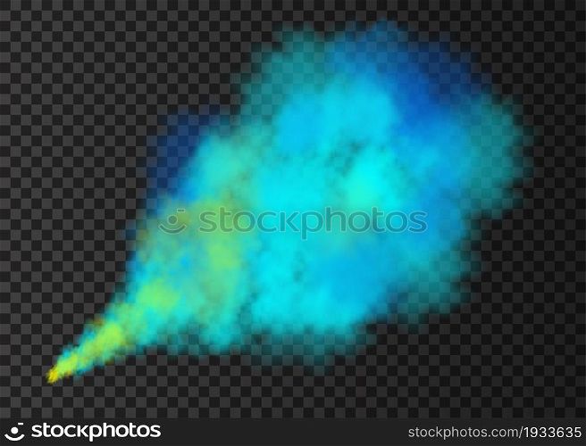 Blue and yellow smoke burst isolated on transparent background. Color steam explosion special effect. Realistic vector column of fire fog or mist texture .