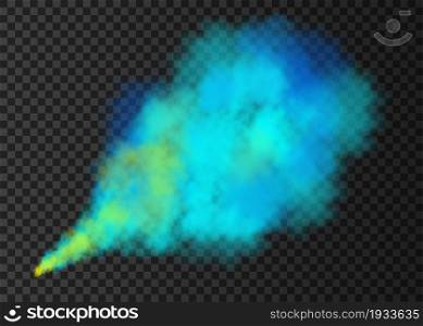Blue and yellow smoke burst isolated on transparent background. Color steam explosion special effect. Realistic vector column of fire fog or mist texture .