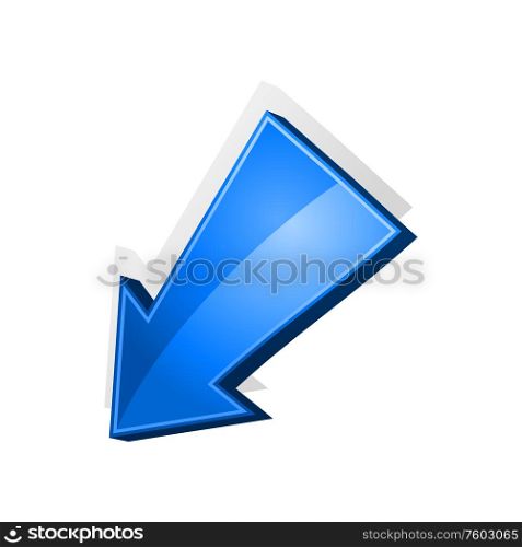 Blue arrow pointing down isolated download symbol. Vector direction pointer, way indicator. Arrow pointer isolated direction indicator