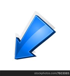 Blue arrow pointing down isolated download symbol. Vector direction pointer, way indicator. Arrow pointer isolated direction indicator