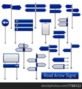 Blue arrow road signs signals realistic traffic regulation roadsigns collection indicating direction for drivers isolated vector illustration . Road Arrow Signs Realistic Set
