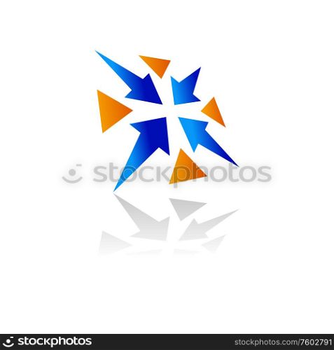 Blue arrows looking in center and orange cursors isolated. Web pointers symbols, web design. Arrows and indicators isolated web pointers