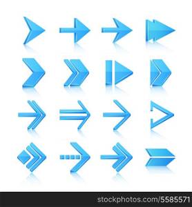 Blue arrows symbols pictograms icons, set isolated vector illustration