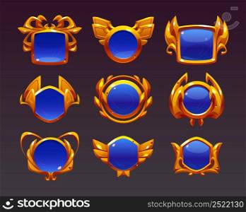Blue award badges with gold frames. Fantasy emblems for win in game, top place in competition. Vector cartoon set of old glossy icons with decorative golden borders. Blue award badges with gold frames