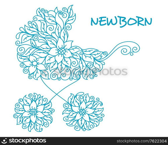 Blue baby carriage in floral style for newborn holiday design