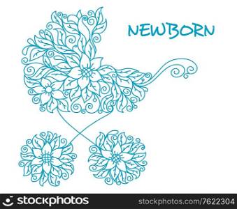 Blue baby carriage in floral style for newborn holiday design