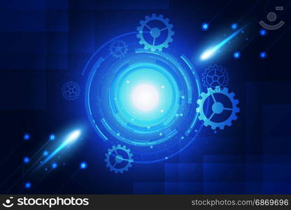 blue background abstract technology communication concept with gearwheel and network lines.vector