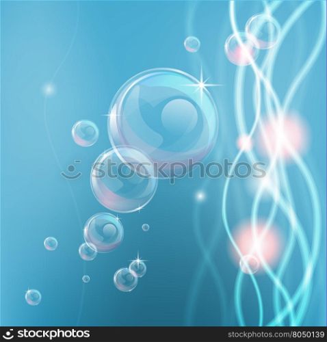Blue background with abstract shapes and lights and bubbles