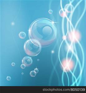 Blue background with abstract shapes and lights and bubbles