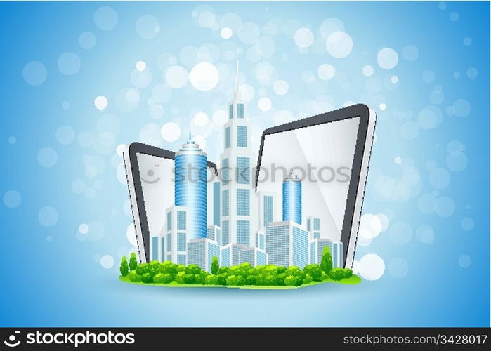 Blue Background with Business City and Tablet Computers