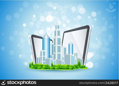 Blue Background with Business City and Tablet Computers