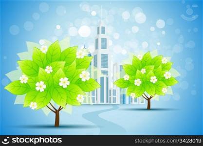 Blue Background with Business City and Trees