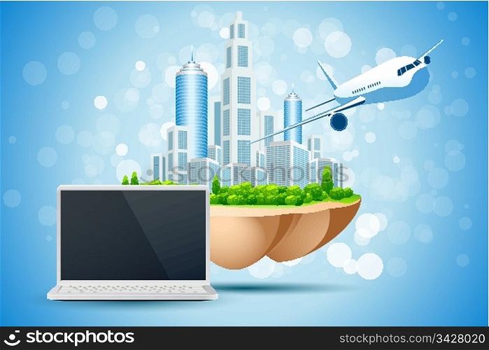 Blue Background with Business City Laptop and Aircraft