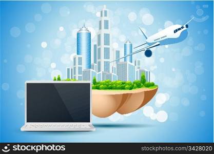 Blue Background with Business City Laptop and Aircraft