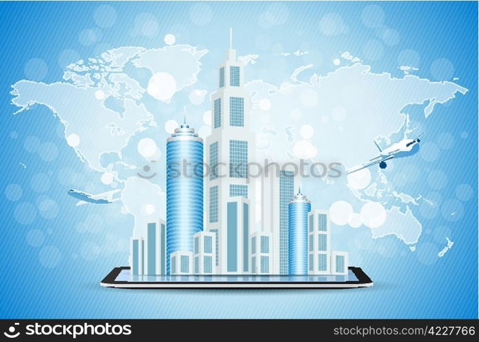 Blue Background with Business City on Tablet Computer