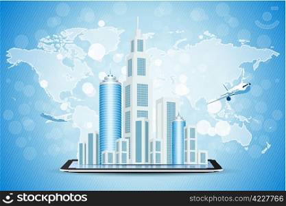Blue Background with Business City on Tablet Computer