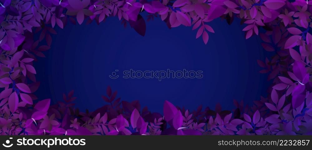 Blue background with frame of purple leaves. Night jungle or summer forest design. Vector poster with border of cartoon foliage in neon colors and copy space in center. Blue background with frame of purple leaves