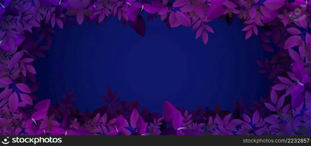 Blue background with frame of purple leaves. Night jungle or summer forest design. Vector poster with border of cartoon foliage in neon colors and copy space in center. Blue background with frame of purple leaves