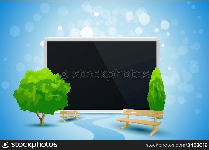 Blue Background with Trees and Tablet Computer